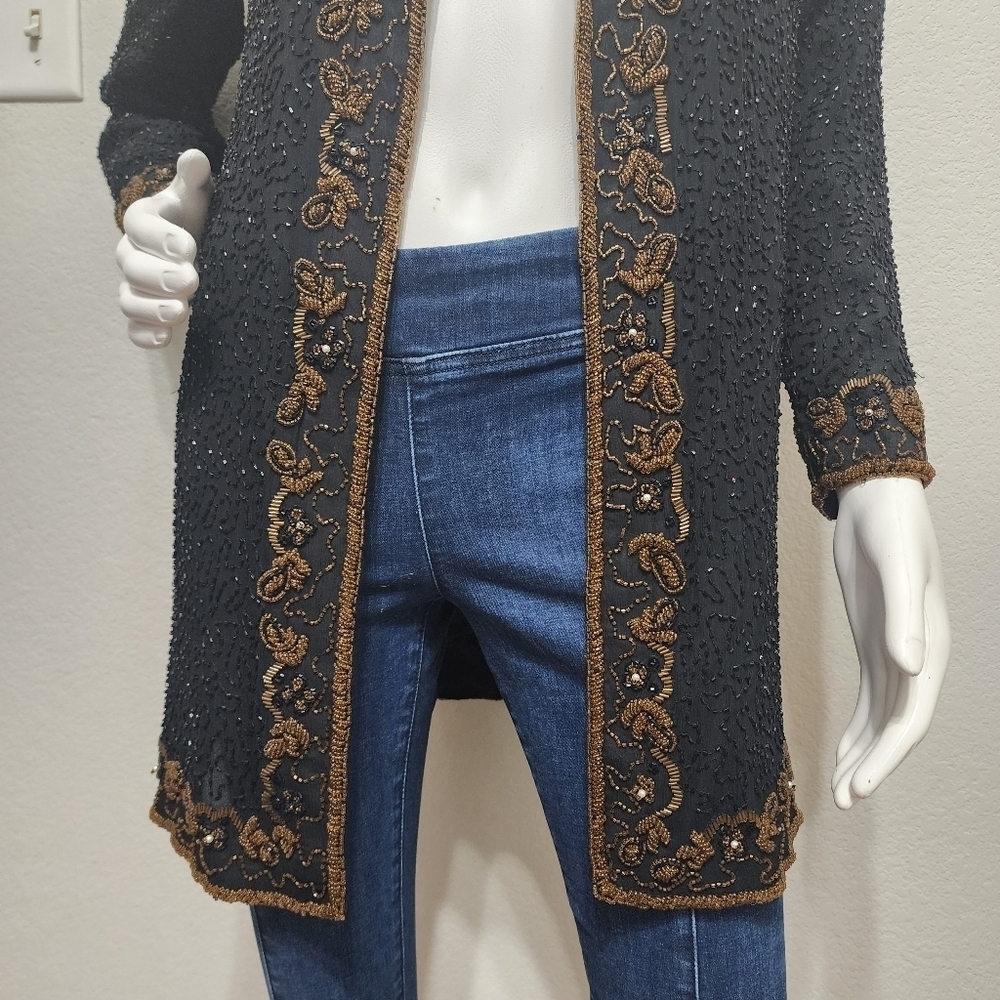 Vintage Scala Black Silk Beaded Long Evening Jacket Size M - Picture 10 of 12